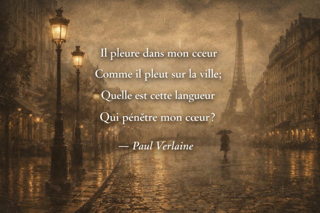 Paul Verlaine — “Il pleure dans mon cœur” (opening quatrain)
Il pleure dans mon cœur
Comme il pleut sur la ville;
Quelle est cette langueur
Qui pénètre mon cœur?