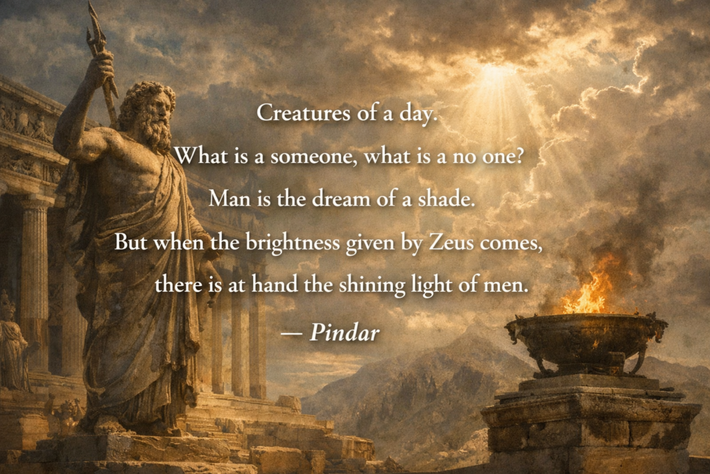 Pindar (Pythian 8)
Creatures of a day. What is a someone, what is a no one?
Man is the dream of a shade.
But when the brightness given by Zeus comes,
there is at hand the shining light of men.