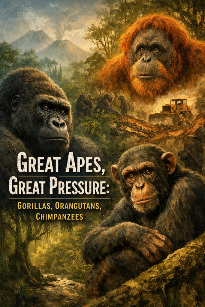 Illustrated magazine cover showing a mountain gorilla (lower left), an orangutan with bright orange hair (upper right), and a chimpanzee (lower right) in a forest landscape with distant mountains; a bulldozer and scarred earth appear in the background, suggesting habitat destruction. Overlaid title reads: “Great Apes, Great Pressure: Gorillas, Orangutans, Chimpanzees.”
