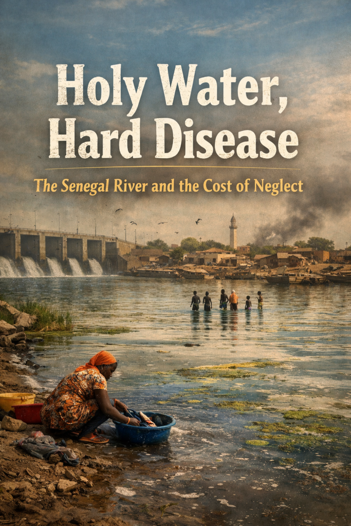 Cover art for “Holy Water, Hard Disease”: A wide view of the Senegal River under a hazy sky. In the foreground, a woman in an orange headscarf kneels on the rocky bank washing clothes beside green algae and floating debris. Midstream, several people wade in shallow water. In the background, a concrete dam releases water toward a riverside settlement with a mosque tower and rising smoke. The title appears large at the top: “Holy Water, Hard Disease,” with the subtitle “The Senegal River and the Cost of Neglect.”