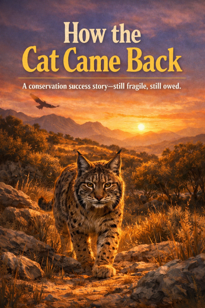 A magazine-style cover featuring an Iberian lynx walking toward the viewer through sunlit Mediterranean scrub at golden-hour dusk, with mountains and a glowing sunset in the background and a bird gliding across the sky. Overlaid text reads: “How the Cat Came Back” and “A conservation success story—still fragile, still owed.”