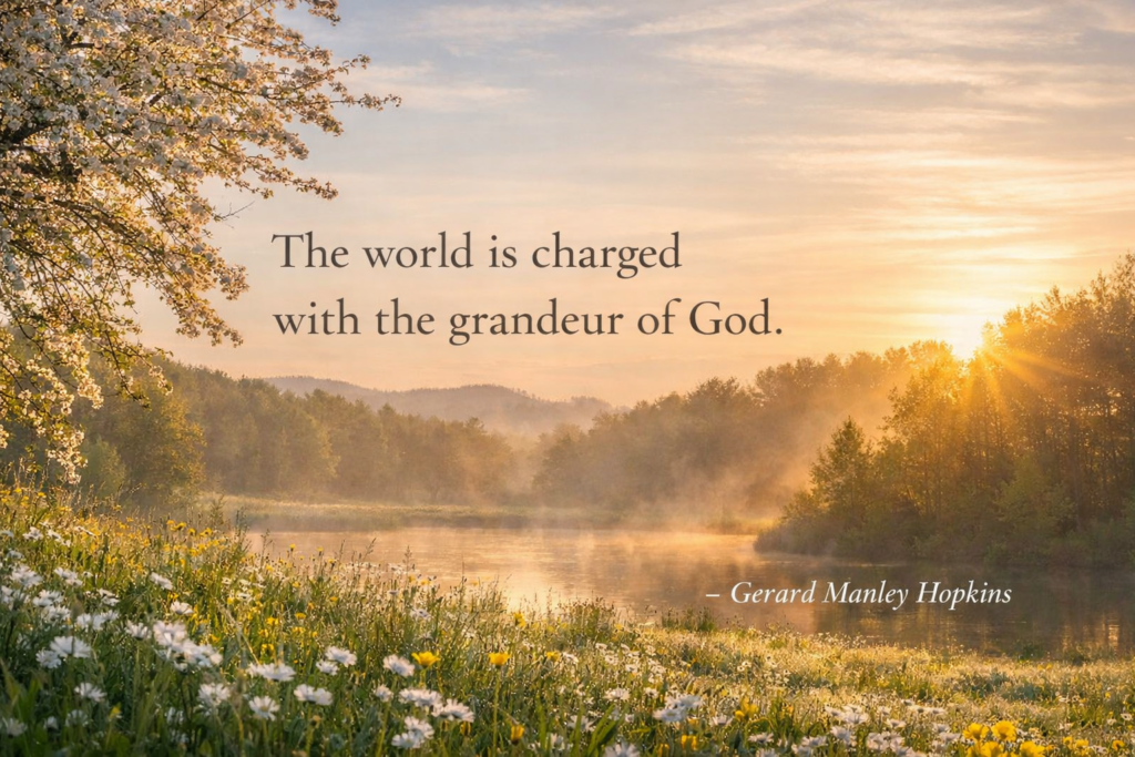 “Sunrise over a calm river bordered by spring wildflowers and misty trees; warm golden light streams through the right side of the scene. Overlaid text reads, ‘The world is charged with the grandeur of God.’ — Gerard Manley Hopkins.”
