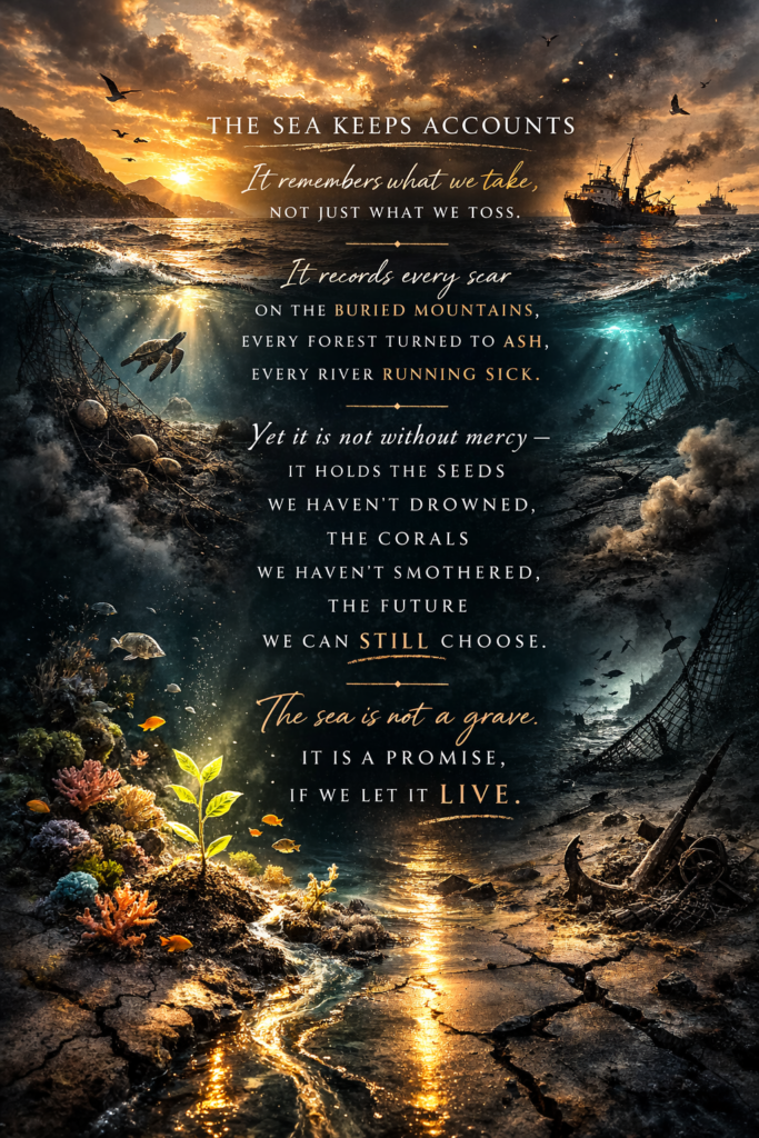 A dramatic ocean scene at golden hour: storm-lit clouds and seabirds above rough waves, a fishing vessel on the horizon, and—beneath the surface—sea turtles, coral, and fish moving through an underwater landscape tangled with discarded nets and debris. Overlaid text reads “The Sea Keeps Accounts,” followed by a short poetic excerpt urging restoration and respect for the water.
