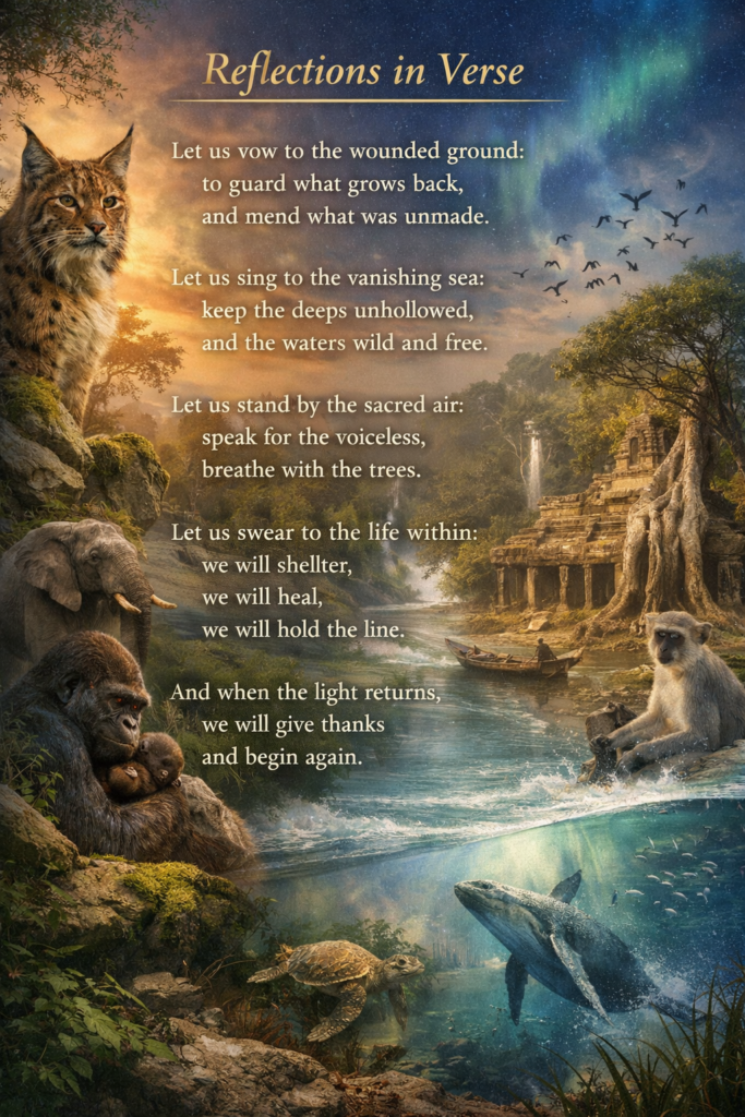 “Cover art for Reflections in Verse: a painterly collage of sacred habitats and threatened wildlife—an Iberian lynx in the upper left, a flock of birds in flight, a gorilla cradling an infant in the lower left, a temple ruin beside a river and waterfall on the right, and an underwater scene with a whale and sea turtle below—beneath a dawn-to-aurora sky. The poem title and stanzas are overlaid in warm gold and white text.”