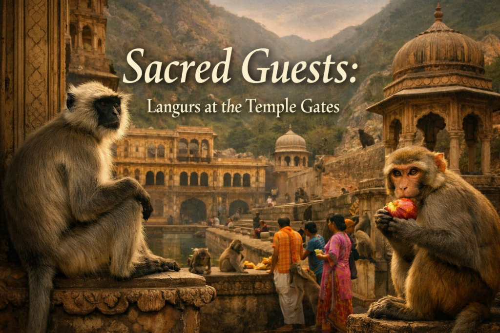 Cover image shows a warm, golden-hour scene at an ornate Indian temple complex beside a stepped water tank: a calm Hanuman langur sits on a carved stone ledge at left while a rhesus macaque at right clutches and bites into a red fruit; devotees in colorful clothing gather near the water below, with domed pavilions and hillside greenery in the background. The title text reads, “Sacred Guests: Langurs at the Temple Gates.”