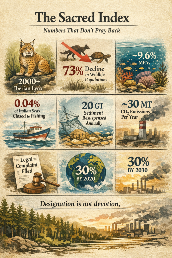 Vintage-style infographic titled “The Sacred Index: Numbers That Don’t Pray Back.” Nine illustrated panels combine wildlife and ocean imagery with bold statistics: a lynx labeled “2000+,” a red downward arrow over animal silhouettes reading “73% decline in wildlife populations,” a coral reef panel marked “~9.6% MPAs,” a fishing boat with “0.04% of Italian seas closed to fishing,” a trawl net over the seabed reading “20 GT sediment resuspended annually,” smokestacks labeled “~30 MT CO₂ emissions per year,” a legal document and gavel reading “Legal complaint filed,” a globe labeled “30% by 2030,” and a final caption at the bottom: “Designation is not devotion.” Forest silhouettes and an industrial skyline frame the lower edge.