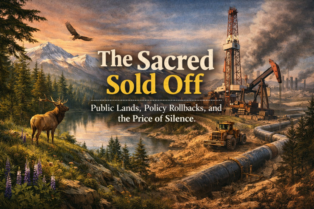 Split-scene landscape illustration: on the left, a pristine mountain wilderness with evergreen forest, wildflowers, and an elk beneath a warm sky; on the right, an industrial oilfield with drilling rig, pumpjack, smoke, heavy machinery, and exposed pipeline cutting through a scarred valley. Centered overlay text reads: “The Sacred Sold Off — Public Lands, Policy Rollbacks, and the Price of Silence.”