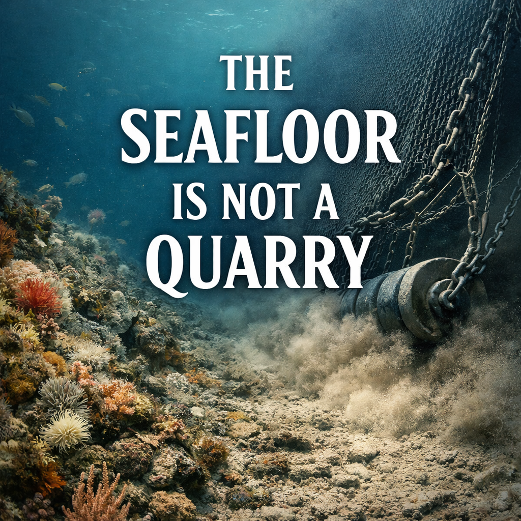 Cover art shows an underwater scene split by impact: on the left, a colorful reef with fish and corals; on the right, a barren seabed clouded with sediment as heavy trawling gear—chains, netting, and a metal dredge—drags across the ocean floor. Large white title text reads: “THE SEAFLOOR IS NOT A QUARRY.”