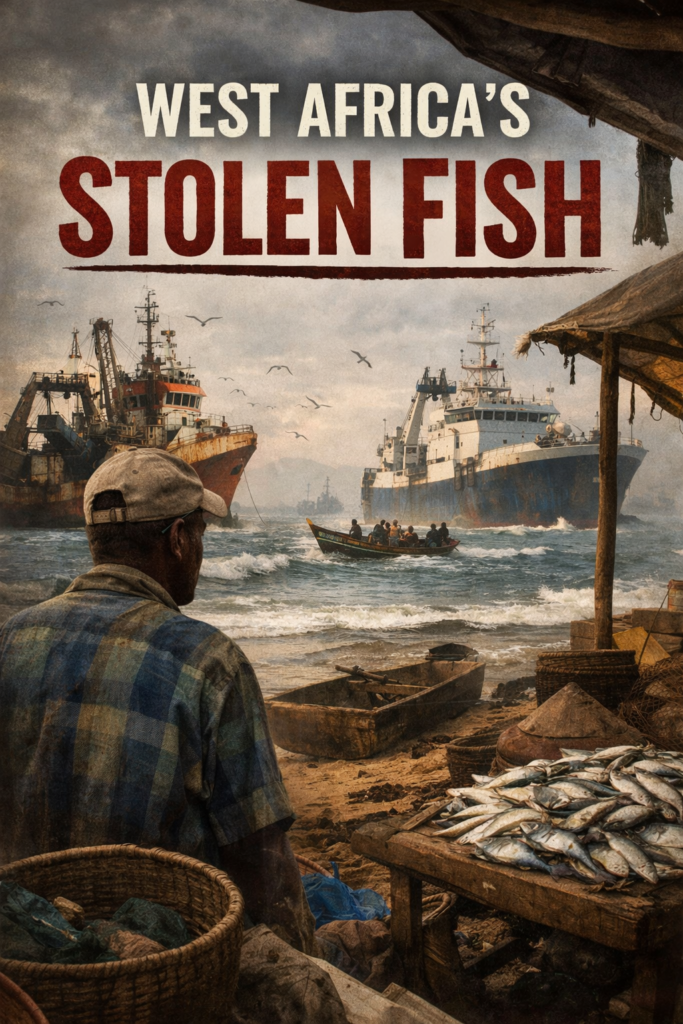 A weathered shoreline scene: an artisanal fisherman stands in the foreground near a rough fish stall and scattered gear, while massive industrial trawlers loom offshore under a hazy sky. Seabirds circle above choppy water as a small canoe rides the waves between shore and ships. Large title text reads, “WEST AFRICA’S STOLEN FISH.”