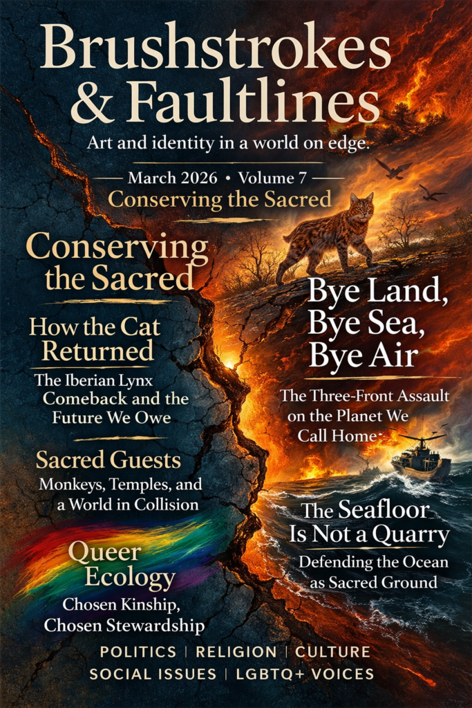 Brushstrokes & Faultlines magazine cover for March 2026, Volume 7, titled “Conserving the Sacred.” The design shows cracked, dark earth split by a glowing fault line, with fiery orange clouds and a stormy blue sky. On the right, rough sea waves surround a fishing trawler; on the left, two Iberian lynx silhouettes stand in a rocky landscape. Near the bottom, hands hold soil with a small green seedling, and a rainbow brushstroke accent appears beside the text “Through the Rainbow Lens.” Cover lines highlight “How the Cat Returned,” “Sacred Guests,” “Great Apes, Great Pressure,” “Bye Land, Bye Sea, Bye Air,” and “The Seafloor Is Not a Quarry,” with footer text: “Politics | Religion | Culture | Social Issues | LGBTQ+ Voices.”