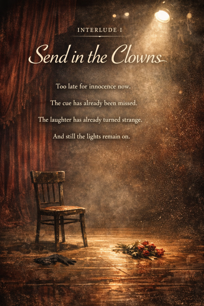 A moody theatrical title image shows an empty stage framed by dark red curtains under a single warm spotlight. A worn wooden chair sits slightly left of center, with a black glove on the floor nearby and a wilted bouquet of red roses lying to the right. Dust glows in the light, giving the scene a haunted, after-the-performance feeling. Overlaid text reads “INTERLUDE I,” “Send in the Clowns,” and four short lines: “Too late for innocence now. The cue has already been missed. The laughter has already turned strange. And still the lights remain on.”