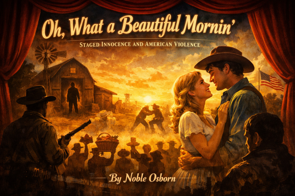 Title illustration for the article “Oh, What a Beautiful Mornin’.” A theatrical, sepia-gold image framed by heavy red stage curtains shows a glowing prairie sunrise behind a barn and windmill. In the foreground, a smiling young couple embrace at right, while darker figures at left and center suggest menace: a cowboy holding a rifle, a shadowed man in a barn doorway, and silhouettes of townspeople gathered below. A picnic basket, an American flag, and distant scuffling figures add to the tension between romance and violence. The title appears across the top in large vintage lettering, with the subtitle “Staged Innocence and American Violence,” and “By Noble Osborn” centered near the bottom.