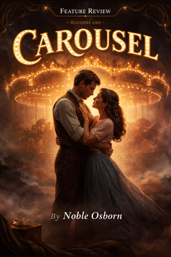 A theatrical title image for a feature review of Carousel. At center, a young man and woman in vintage dress hold each other in an intimate embrace before a glowing carousel lit with warm golden bulbs. The scene is dark and smoky around the edges, creating a romantic but uneasy mood that suggests both tenderness and danger. Large marquee-style lettering at the top reads “Feature Review” and “Carousel,” and low centered text at the bottom reads “By Noble Osborn.”