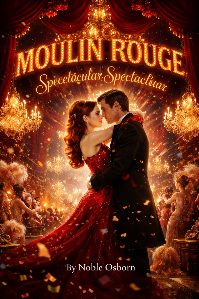 A theatrical title image inspired by Moulin Rouge shows a glamorous couple embracing at center stage beneath glowing chandeliers and deep red velvet drapery. The woman wears a sparkling red gown with a sweeping train, and the man is dressed in a dark suit as golden confetti falls around them. Burlesque dancers and ornate cabaret details fill the background, while large illuminated lettering above reads “Moulin Rouge” and “Spectacular, Spectacular.” Centered at the bottom, the byline reads “By Noble Osborn.”