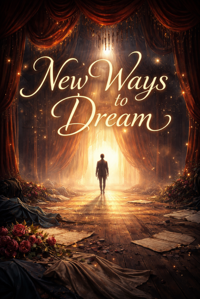 A theatrical title image for “New Ways to Dream.” Deep red velvet curtains frame a luminous stage washed in gold light. At center, a lone figure walks toward a bright opening at the back of the theatre, silhouetted against the glow. The wooden stage floor is scattered with sheet music, draped fabric, rose petals, and bouquets of red roses, suggesting a performance just ended. Sparkling flecks of light float through the air, while the title “New Ways to Dream” appears in large elegant script across the upper half of the image. The overall mood is wistful, grand, and dreamlike, blending backstage ruin with hope and renewal.