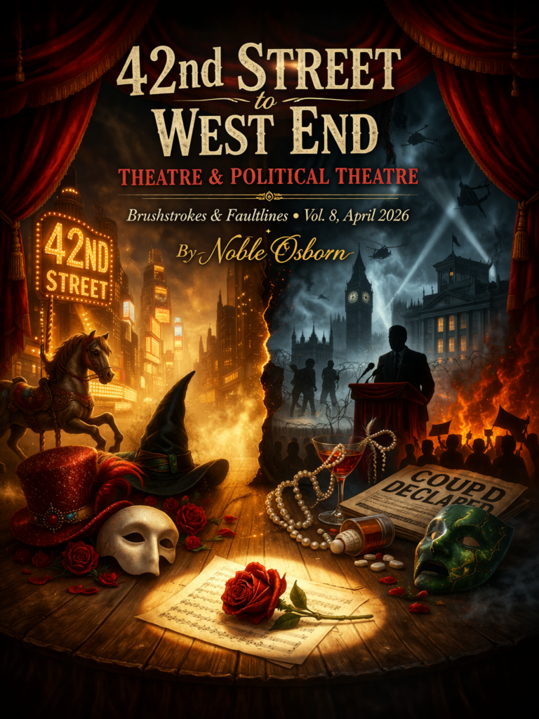 A dramatic theatrical cover image framed by deep red velvet curtains, with the title “42nd Street to West End” in large vintage lettering above the subtitle “Theatre & Political Theatre.” The scene is split between glowing Broadway-style city lights on the left and a dark, smoke-filled political landscape on the right, visually linking stage spectacle with unrest and power. On a wooden stage in the foreground sit symbolic objects from the issue’s themes: a white theatre mask, a green mask, a witch’s hat, a red glittering top hat, roses, sheet music, a pearl necklace, a cocktail glass, pills, and a newspaper suggesting political upheaval. A carousel horse and bright marquee evoke classic musical theatre, while shadowed figures, a podium, barbed wire, flames, and helicopters suggest propaganda, conflict, and government force. Near the center appears the magazine line “Brushstrokes & Faultlines • Vol. 8, April 2026,” with the byline “By Noble Osborn” in gold script.