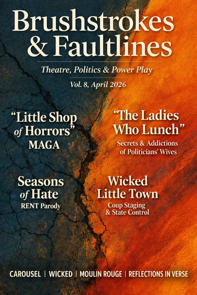 Magazine cover for Brushstrokes & Faultlines, Vol. 8, April 2026. The design is split diagonally by a jagged black crack, with a dark blue-black textured background on the left and a fiery orange textured background on the right, evoking tension and fracture. Large cream serif text at the top reads “Brushstrokes & Faultlines,” followed by the subtitle “Theatre, Politics & Power Play” and “Vol. 8, April 2026.” Featured cover lines highlight “Little Shop of Horrors — MAGA,” “The Ladies Who Lunch — Secrets & Addictions of Politicians’ Wives,” “Seasons of Hate — RENT Parody,” and “Wicked Little Town — Coup Staging & State Control.” A bottom banner lists “Carousel | Wicked | Moulin Rouge | Reflections in Verse.”