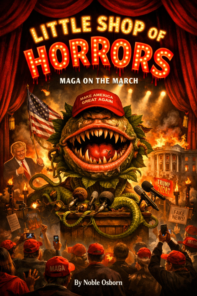 A theatrical, satirical cover image for “Little Shop of Horrors.” Under rich red stage curtains and glowing marquee-style lettering, a giant man-eating plant stands center stage wearing a red “Make America Great Again” hat. Its open mouth is lined with sharp teeth, and twisting vines curl around a podium crowded with microphones. In the background, flames and smoke rise around the White House while a cheering crowd in red caps lifts phones and signs. The title dominates the top of the image in bright carnival lights, and “By Noble Osborn” appears low and centered at the bottom.