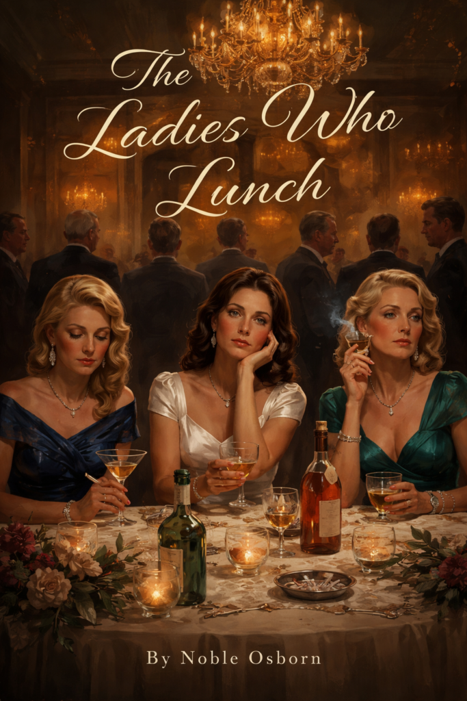 A theatrical digital illustration shows three elegantly dressed women seated at a candlelit banquet table beneath a glowing chandelier, their expressions distant, weary, and reflective. Bottles, cocktail glasses, and an ashtray clutter the table, while a line of suited men stands blurred in the background like a wall of political power. Warm amber light and smoky shadows create a mood of glamour, loneliness, and restraint. Large script text reads “The Ladies Who Lunch,” with “By Noble Osborn” centered near the bottom.