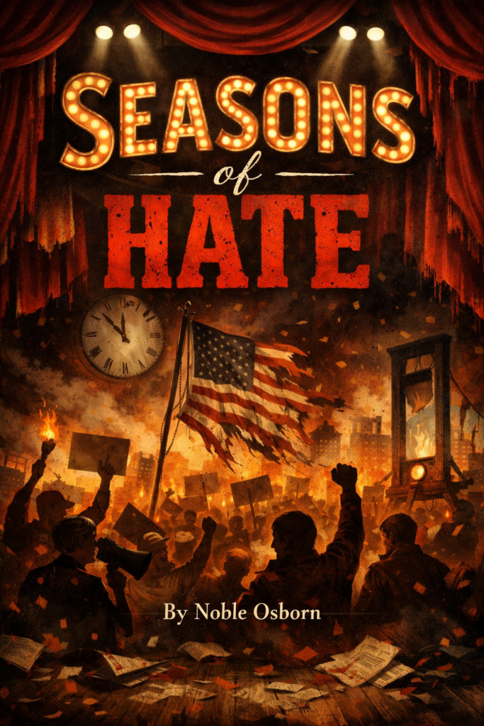 Theatrical title art for “Seasons of Hate” showing a dark stage framed by heavy red curtains and bright marquee lettering above a chaotic protest scene. A tattered American flag whips over a crowd of silhouetted figures holding signs and raising fists amid flames, smoke, and flying papers, while a large clock and a guillotine-like structure loom in the background. The byline “By Noble Osborn” appears low and centered at the bottom.