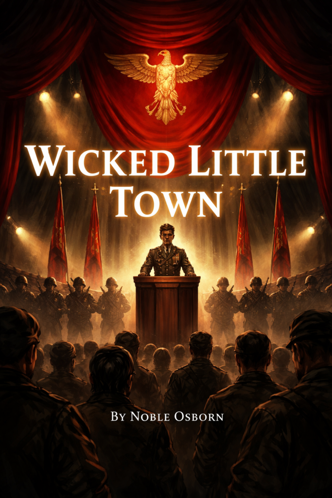 Theatrical cover image for “Wicked Little Town.” On a dark stage framed by heavy red curtains and blazing spotlights, a stern uniformed officer stands at a podium before rows of soldiers and a shadowed crowd. Red banners and a glowing gold eagle crest hang above him, turning the coup-like scene into a menacing performance of power. The title “Wicked Little Town” appears in large luminous letters across the center, with “By Noble Osborn” low and centered at the bottom.