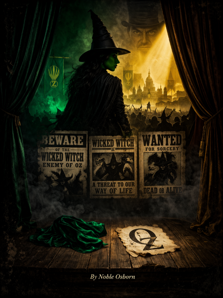 A dark theatrical title image for a feature on Wicked: a green-skinned witch in black stands in profile between heavy stage curtains, facing a glowing city and a looming man in a top hat above the skyline. Below her, propaganda-style wanted posters brand the “wicked witch” as a public enemy, underscoring themes of mythmaking, scapegoating, and political power. Smoke drifts across a wooden stage floor where a scrap of green fabric and a torn emblem lie in the foreground. The byline “By Noble Osborn” appears low and centered at the bottom.