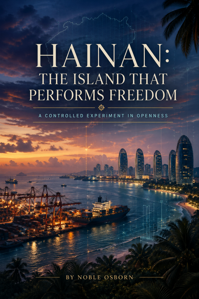 A moody coastal scene of Hainan Island at dusk, showing a modern port with ships and cranes under a fading blue and amber sky, with faint geometric overlays suggesting control and surveillance, overlaid with the title “Hainan: The Island That Performs Freedom” and byline “By Noble Osborn.”