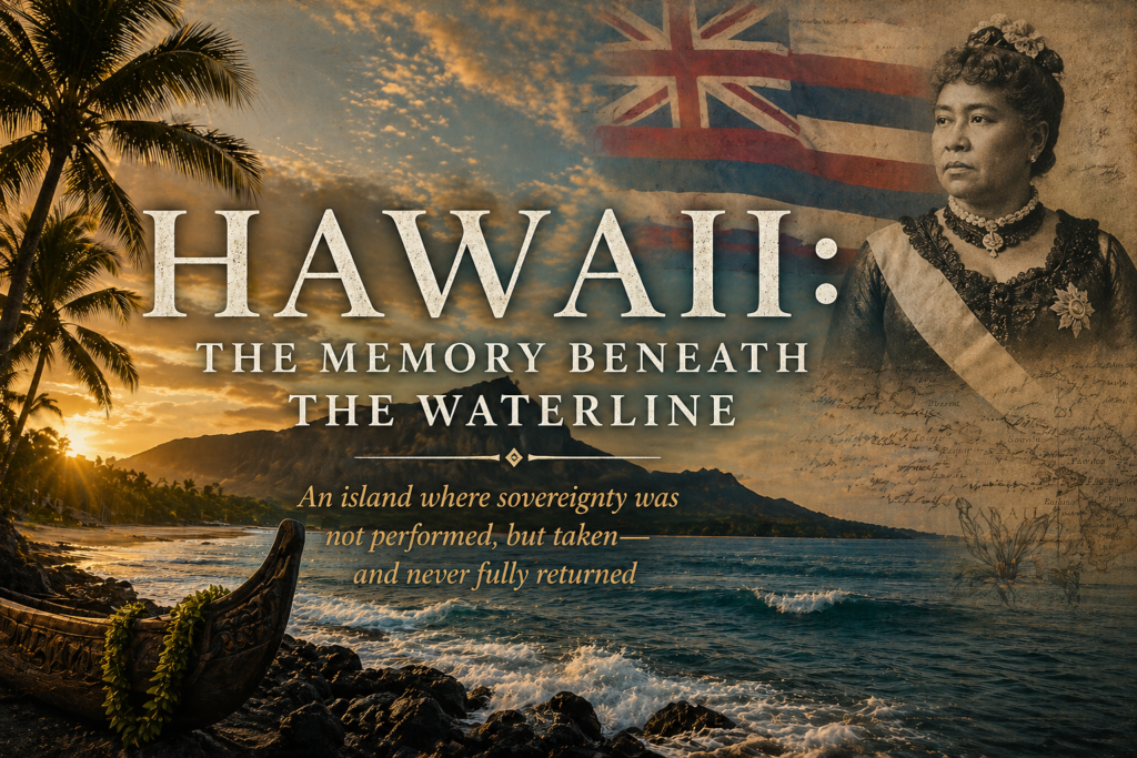 Cinematic title image of a Hawaiian shoreline at sunset, with golden light over palm trees, ocean waves, and a volcanic mountain in the distance. In the foreground, a traditional outrigger canoe rests along the rocky beach. On the right side, a vintage portrait of Queen Liliʻuokalani is overlaid with the Hawaiian flag and faint antique map textures. Centered across the image is the title text: “Hawaii: The Memory Beneath the Waterline.”