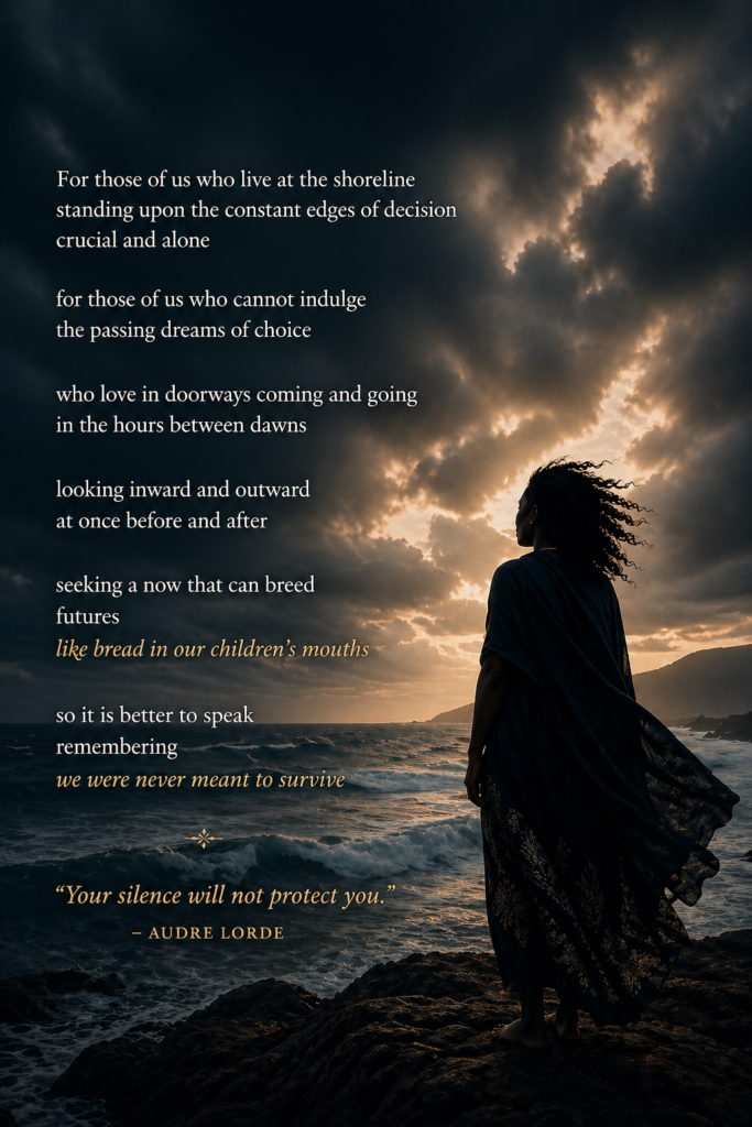 A solitary woman stands barefoot on a rocky shoreline, her dark, flowing garment caught in the wind as she faces a turbulent ocean under a dramatic sky split by golden light breaking through heavy storm clouds. Waves crash below as lines from a poem about survival and speaking out are overlaid across the scene, ending with a highlighted quote by Audre Lorde: “Your silence will not protect you.”