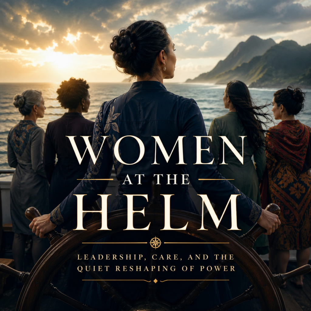 A symbolic image of women positioned against an ocean horizon, one standing at a ship’s helm while others face the sea. The scene evokes leadership, resilience, and quiet strength, with soft light breaking across the water to suggest transition and possibility.