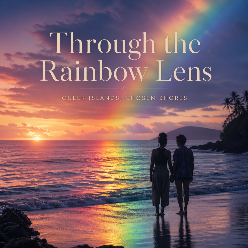 A tranquil ocean horizon at dusk with soft rainbow light refracting across the water. Two faint silhouettes stand near the shoreline, suggesting intimacy and belonging within a vast, calm seascape.