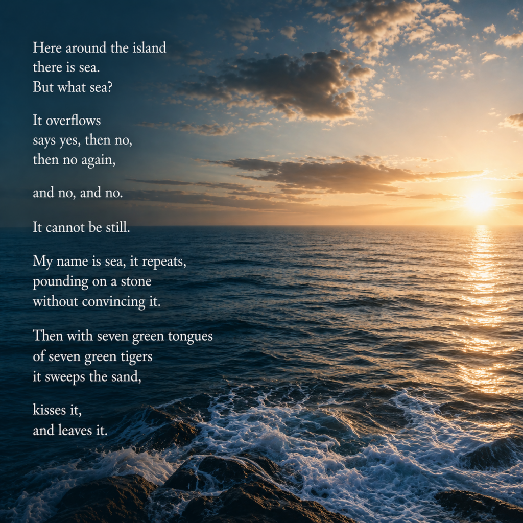 A tranquil ocean scene at sunset with golden light reflecting across gently rippling water, waves breaking over dark rocks in the foreground. The horizon stretches wide beneath a partly clouded sky, blending warm and cool tones. Overlaid on the left side in elegant white serif text is an excerpt from Pablo Neruda’s Ode to the Sea, with no additional titles or design elements.