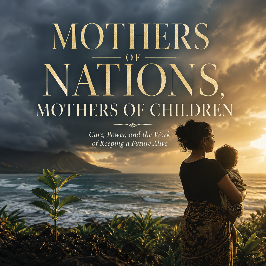 A woman stands at the edge of a rugged island shoreline holding a small child as waves crash behind them under a dramatic sky split between storm clouds and golden light. In the foreground, a young plant grows from dark soil, symbolizing resilience and renewal. Overlaid text reads “Mothers of Nations, Mothers of Children: Care, Power, and the Work of Keeping a Future Alive.”