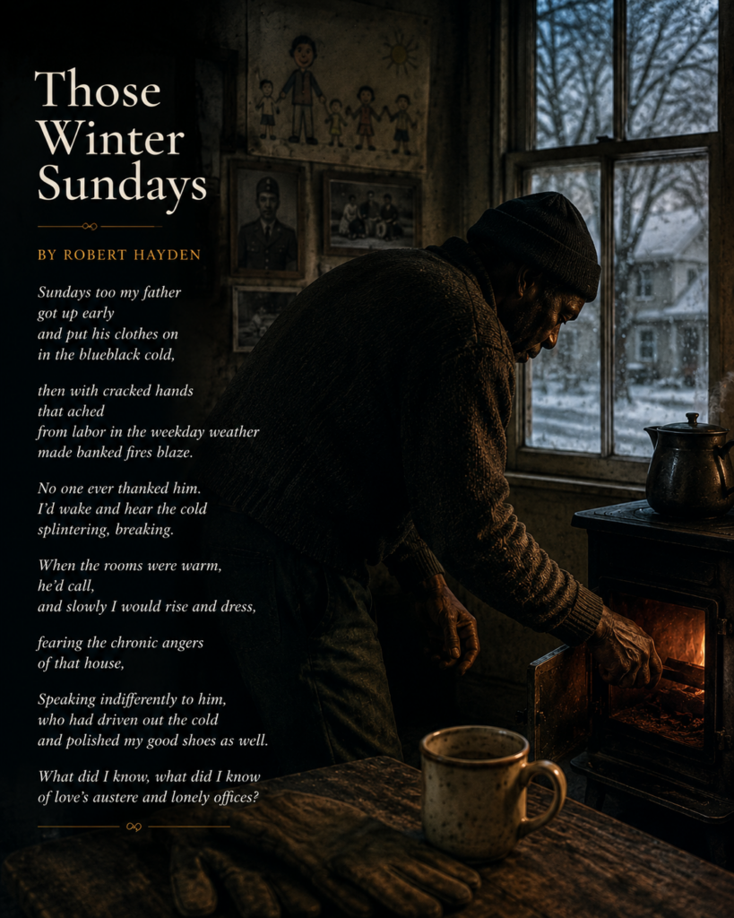 A moody editorial image for “Those Winter Sundays” by Robert Hayden, showing an older man in a dark sweater tending a small wood stove in a dim winter kitchen. Snowy trees are visible through the window, family photos hang on the wall, and a cup and work gloves rest on the table, emphasizing quiet labor, memory, and unspoken fatherly care.
