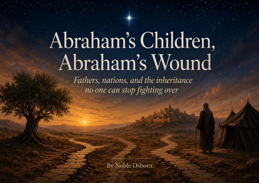 A dramatic desert landscape at dusk beneath a star-filled sky, with a lone robed figure standing beside a tent and looking toward a distant ancient hill city. A gnarled tree anchors the foreground, cracked paths split across the earth, and the overlaid text reads: “Abraham’s Children, Abraham’s Wound: Fathers, nations, and the inheritance no one can stop fighting over. By Noble Osborn.”