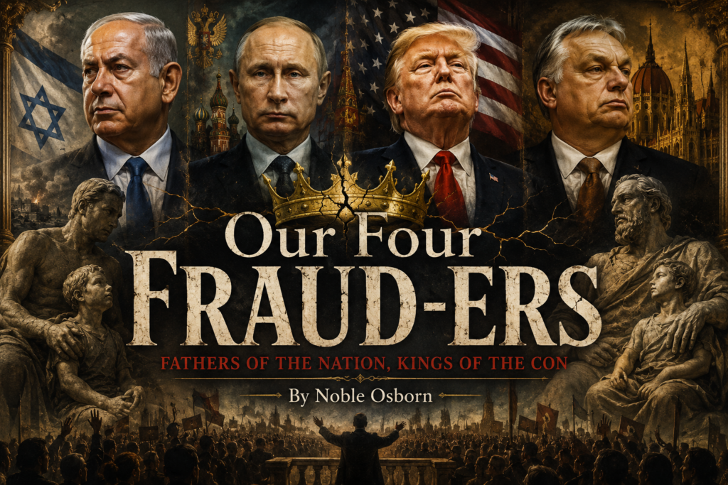 A dramatic editorial-style cover image titled *Our Four Fraud-ers: Fathers of the Nation, Kings of the Con* by Noble Osborn. Four contemporary political leaders stand across the top of the composition in formal suits, each framed by national symbols, flags, and monumental architecture. A cracked golden crown hangs above the title, suggesting fractured authority and contested power. On either side, classical stone sculptures depict fathers and children, reinforcing the article’s theme of political patriarchy and paternal leadership. Below, a vast crowd gathers before a lone figure addressing the masses, evoking rallies, populism, and the performance of power. The overall palette is dark gold, bronze, and shadowed sepia, creating a mood that is grand, ominous, and reflective of the intersection between authority, nationalism, and mythic fatherhood.
