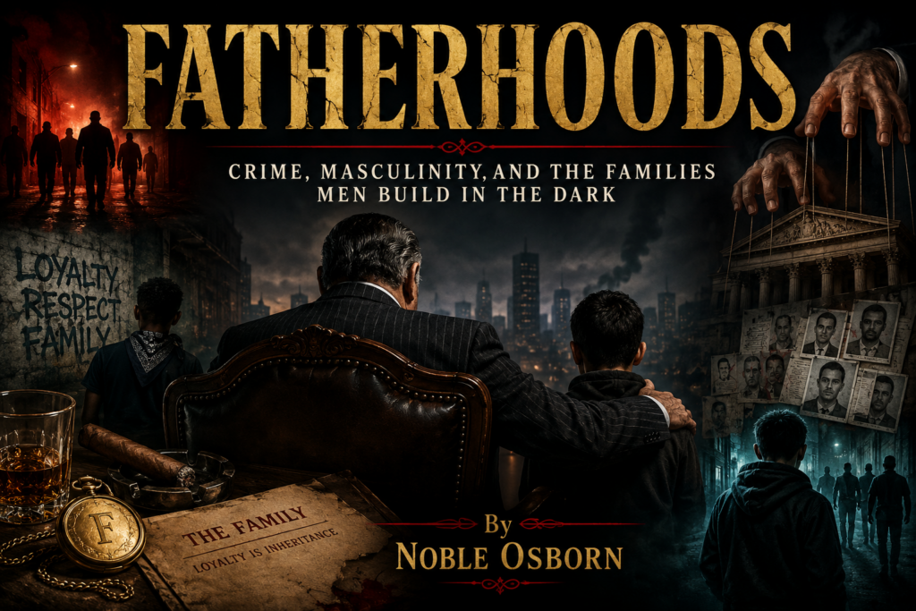 A dramatic magazine-style cover titled *Fatherhoods: Crime, Masculinity, and the Families Men Build in the Dark* by Noble Osborn. At the center, a powerful older man in a dark suit sits in an ornate leather chair with his arm around a young boy, both facing a shadowy city skyline. Surrounding them are scenes associated with organized crime and inherited loyalty: silhouetted figures walking down dim alleyways, graffiti reading “Loyalty, Respect, Family,” a cigar and whiskey on a desk, criminal dossiers pinned to a wall, and looming puppet-master hands manipulating strings above a courthouse-like building. The color palette is dominated by deep blacks, smoky grays, fiery reds, and antique golds, creating a noir atmosphere that evokes themes of power, mentorship, control, belonging, and the transmission of violence across generations. The overall image explores how criminal organizations present themselves as surrogate families while perpetuating cycles of fear, loyalty, and patriarchal authority.
