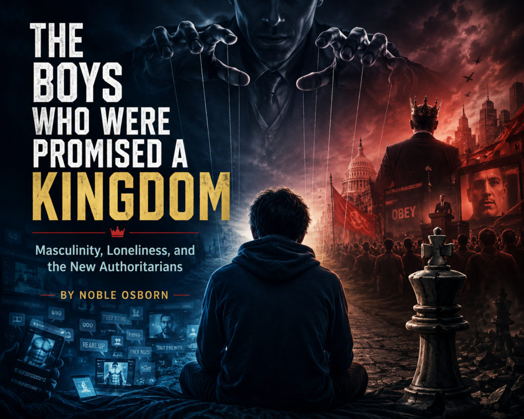 A dramatic magazine cover for an essay titled *The Boys Who Were Promised a Kingdom: Masculinity, Loneliness, and the New Authoritarians* by Noble Osborn. A solitary young man in a dark hoodie sits at the center of the image, facing a divided world. On the left, cool blue tones depict digital isolation, with glowing screens, social media icons, and online content surrounding him. Above, a shadowy figure manipulates puppet strings, symbolizing influence and control. On the right, the scene shifts to fiery reds and oranges, showing a crowned leader addressing a crowd beneath banners, political imagery, and looming government buildings. Large chess pieces and religious symbols appear in the foreground, suggesting strategy, power, and ideology. The overall mood is ominous and contemplative, exploring how loneliness, identity, and the search for belonging can be exploited by authoritarian movements.
