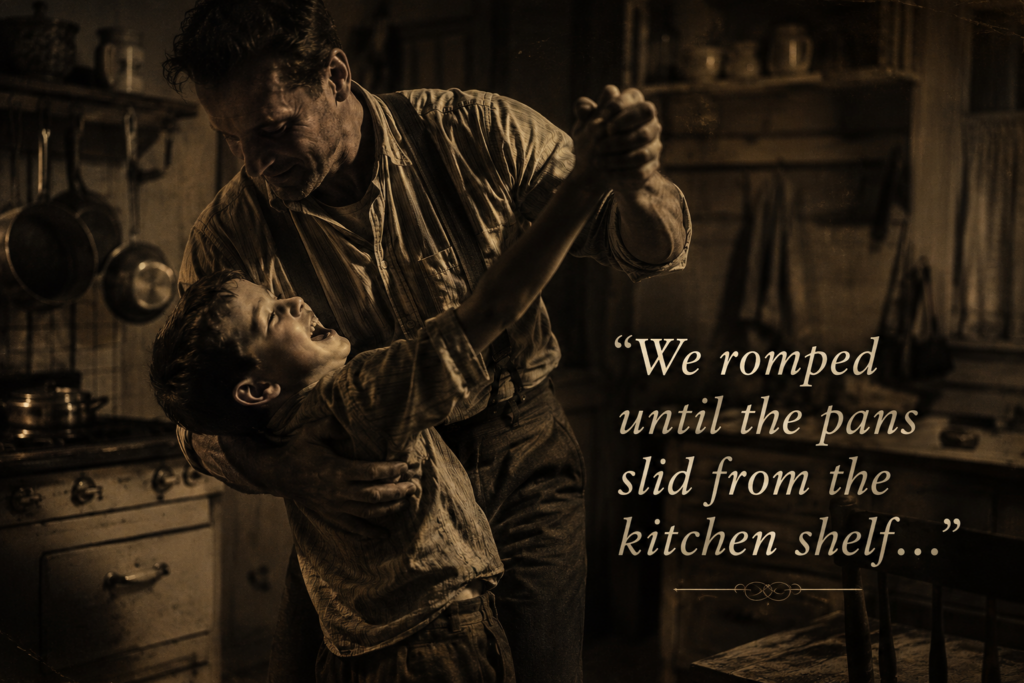 Sepia-toned vintage-style illustration of a father and young son dancing together in a modest old-fashioned kitchen. The father, wearing rolled sleeves and suspenders, bends toward the laughing child as they twirl beneath warm amber light. Hanging pots and worn cabinetry create a rustic atmosphere, while the scene balances joy and uncertainty, echoing the complex emotions of childhood memory. Overlaid in elegant cream-colored serif text is the excerpt: “We romped until the pans slid from the kitchen shelf…” from Theodore Roethke’s *My Papa’s Waltz*. The overall mood is nostalgic, intimate, and slightly unsettling, reflecting the poem’s tension between affection and unease.
