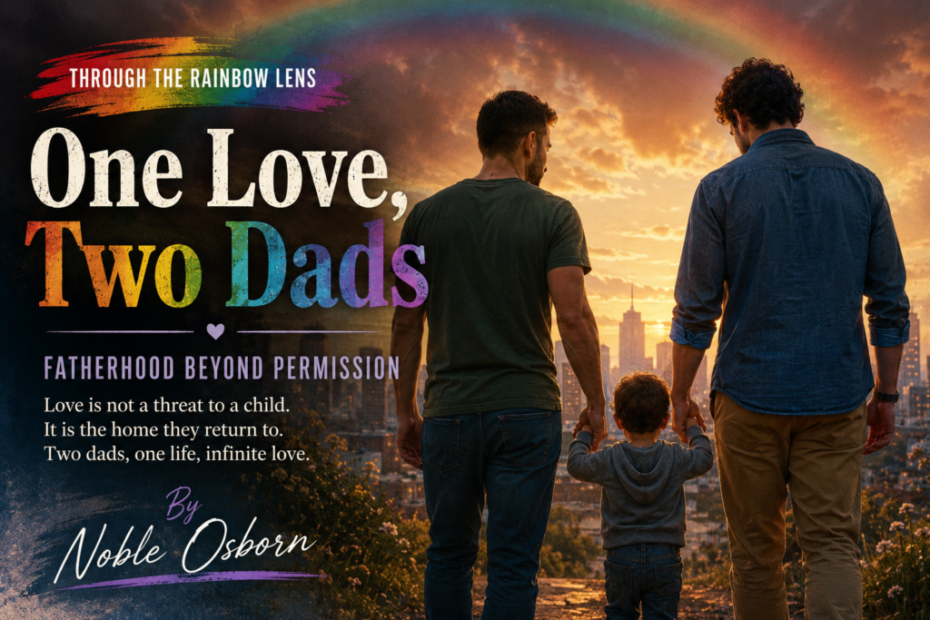 A magazine-style feature image titled One Love, Two Dads: Fatherhood Beyond Permission by Noble Osborn. Two fathers stand hand-in-hand with a young child, viewed from behind as they overlook a city skyline at sunset. A vibrant rainbow arches across a dramatic golden-orange sky, symbolizing LGBTQ pride and hope. The family is centered against the warm glow of the setting sun, conveying love, security, and belonging. Bold typography in rainbow hues displays the article title on the left side, while the subtitle emphasizes themes of family, acceptance, and chosen parenthood. The overall mood is uplifting, affectionate, and celebratory, highlighting the strength and legitimacy of LGBTQ families.