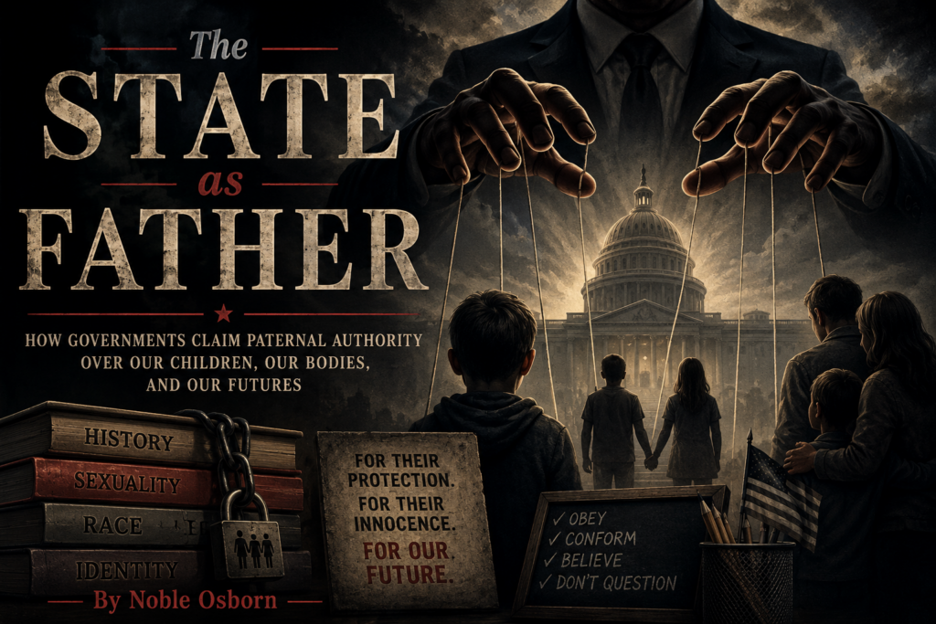 A dark, dramatic magazine cover titled The State as Father by Noble Osborn. A towering shadowy figure in a suit looms over a government capitol building, manipulating children and families below with puppet strings. In the foreground, stacks of books labeled “History,” “Sexuality,” “Race,” and “Identity” are bound with chains and a padlock. A classroom chalkboard lists the words “Obey,” “Conform,” “Believe,” and “Don’t Question.” Families stand in silhouette facing the capitol while oversized hands descend from above, symbolizing governmental control and paternal authority. The image uses muted black, gray, and sepia tones to evoke themes of censorship, authoritarianism, and the struggle between state power and personal freedom. Text on the cover includes the subtitle: “How governments claim paternal authority over our children, our bodies, and our futures.”