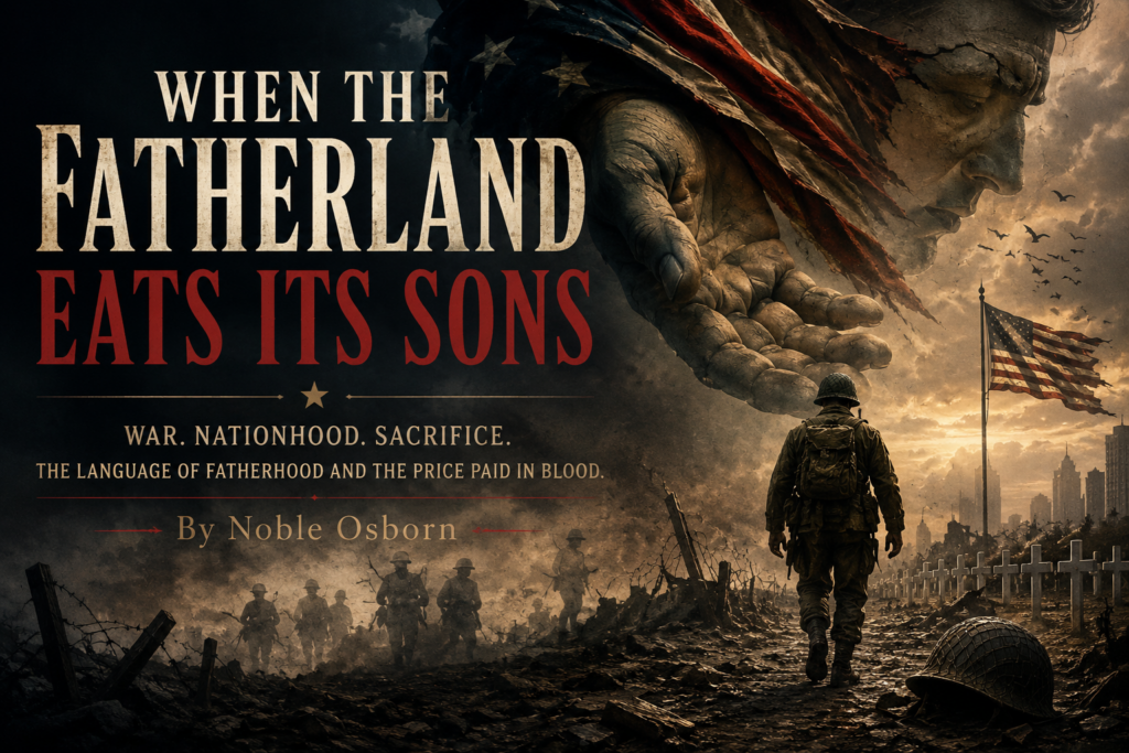 A dramatic editorial cover image titled When the Fatherland Eats Its Sons. In a bleak, war-ravaged landscape, a lone soldier walks away from the viewer along a muddy battlefield lined with graves and broken earth. Above him looms a colossal stone-like paternal figure draped in a tattered national flag, extending an open hand as if demanding sacrifice. Faded silhouettes of marching soldiers emerge through smoke and shadow in the background, while a worn flag flies over a devastated skyline beneath dark, storm-filled skies. The title appears in large distressed lettering, with the subtitle “War. Nationhood. Sacrifice. The Language of Fatherhood and the Price Paid in Blood.” and the byline By Noble Osborn. The image conveys themes of nationalism, patriarchy, war, sacrifice, and the human cost of political mythmaking.
