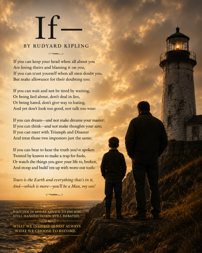 A warm, golden-toned magazine-style image featuring a weathered lighthouse overlooking a rocky coastline at sunset. In the foreground, the silhouettes of an adult man and a young boy stand side by side on a cliff edge, gazing toward the sea and horizon. The sky is filled with dramatic amber clouds illuminated by the fading light. Overlaying the left side of the image is an excerpt from Rudyard Kipling’s poem If— in elegant serif typography, with the title and author prominently displayed above. Decorative flourishes frame the text, while a reflective caption near the bottom reads, “What we inherit is not always what we choose to become.” The overall mood is contemplative, evoking themes of fatherhood, legacy, guidance, and the passage of wisdom between generations.
