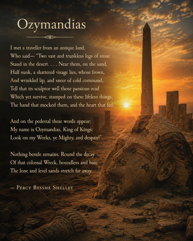 Dramatic desert sunset scene with Percy Bysshe Shelley’s “Ozymandias” overlaid in pale serif text. A broken ancient stone head lies in the sand beside ruined columns and a tall obelisk, evoking fallen empire, abandoned monuments, and the decay of power.