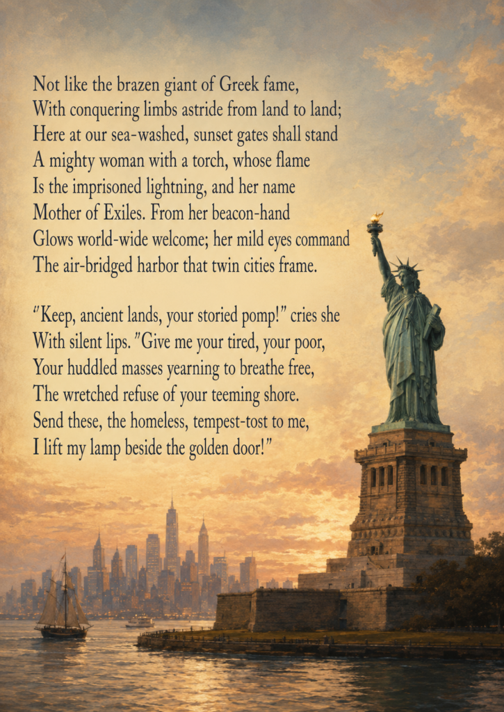 A vertical, warm-toned image shows the Statue of Liberty standing at sunset over New York Harbor, with the skyline and boats in the distance. Over the sky and water, the full text of Emma Lazarus’s poem The New Colossus is overlaid in large dark serif type, with the statue positioned on the right side of the composition.
