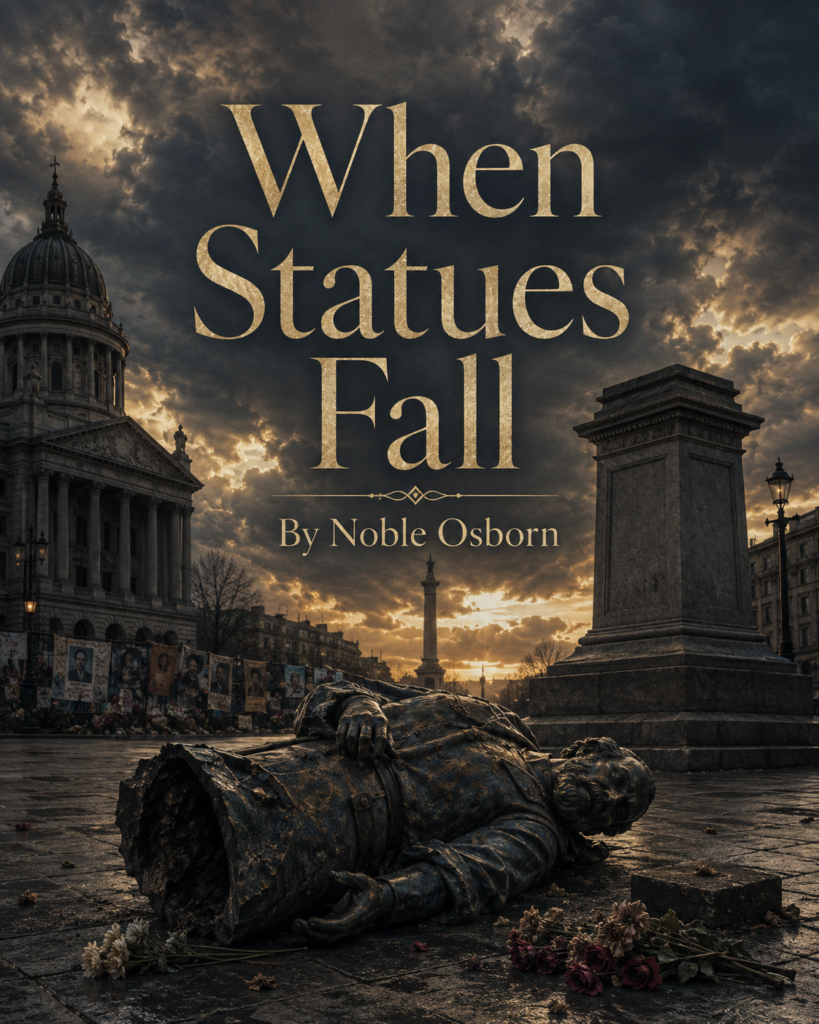 Article cover for “When Statues Fall” by Noble Osborn. A toppled bronze statue lies broken across a dark civic square beneath a stormy gold-lit sky, with an empty stone pedestal nearby, scattered flowers on the pavement, distant protest memorials, and grand public architecture in the background.