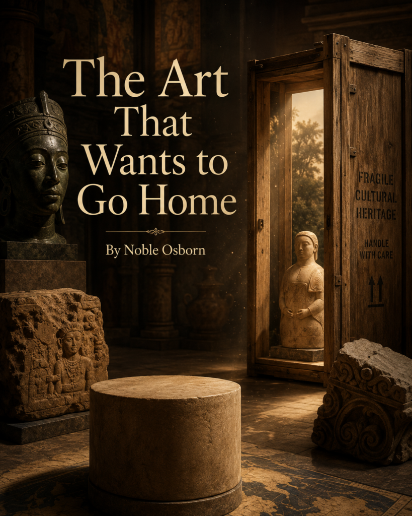 Article cover for “The Art That Wants to Go Home” by Noble Osborn. A dim, golden-brown museum gallery holds ancient-looking artifacts, including a bronze bust, carved stone fragments, an empty pedestal, and a wooden crate marked “Fragile Cultural Heritage.” Warm light shines through the open crate, suggesting return, absence, and the journey of looted or displaced art back home.