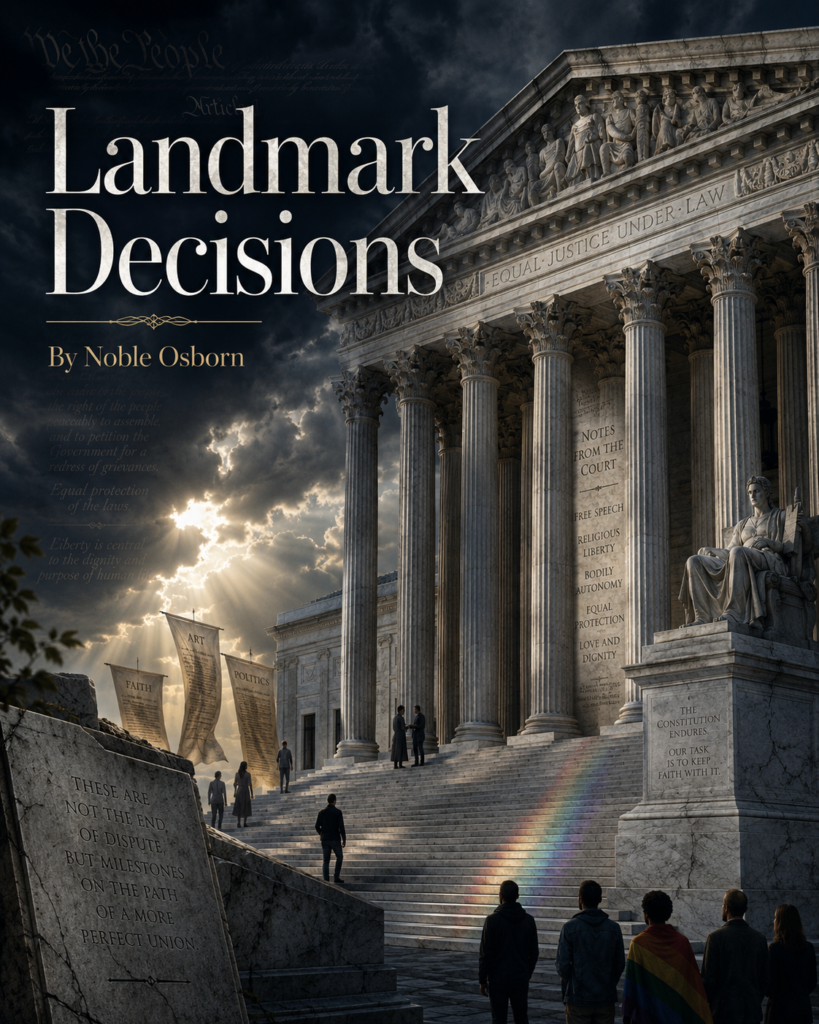 Article cover art for “Landmark Decisions” by Noble Osborn, showing a dramatic Supreme Court-like marble building beneath storm clouds and shafts of light. Large title text appears over the scene, while legal phrases, stone tablets, banners labeled faith, art, and politics, and a subtle rainbow reflection suggest the article’s themes of law, civil rights, faith, speech, bodily autonomy, and LGBTQ dignity.
