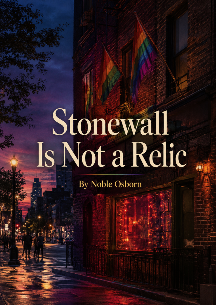 Article cover for “Stonewall Is Not a Relic” by Noble Osborn, showing a moody nighttime Greenwich Village street scene with a brick building draped in rainbow flags. Warm red and gold light glows from the windows and reflects on the wet sidewalk, while the cream-colored title text is centered over the image.