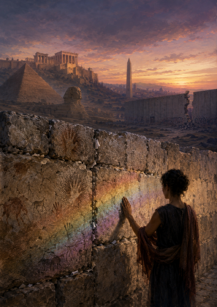 A contemplative figure stands at dusk with one hand pressed against a weathered ancient stone wall marked by faint cave handprints, folded prayer notes, cracks, and a soft rainbow reflection. In the distance, layered silhouettes of pyramids, a sphinx, classical columns, an obelisk, and a breached modern wall merge into a twilight landscape, suggesting memory, monuments, faith, conflict, and queer resistance across history.
